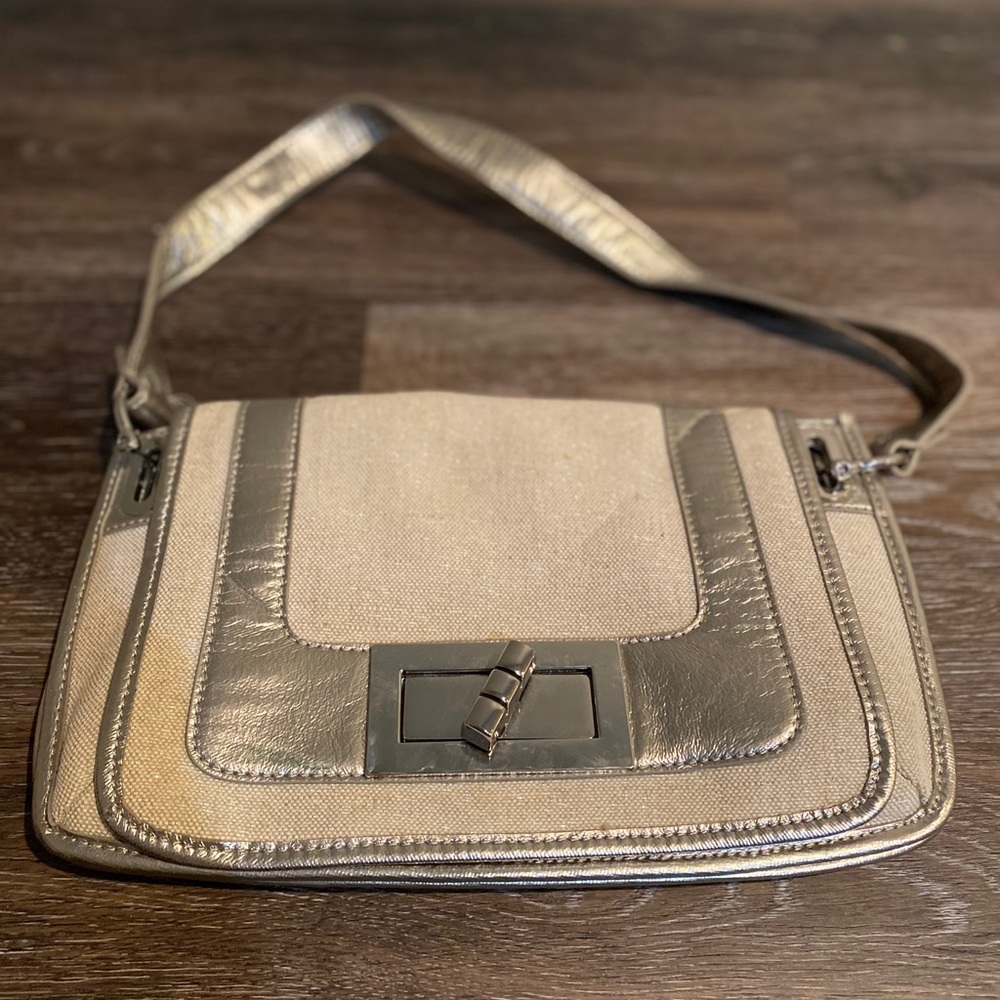 gold canvas purse with gold leather strap